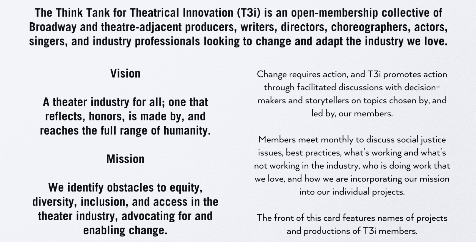 Text image describing the mission, vision, and reason for T3i.